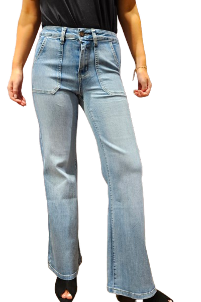 Margo jeans in pale blue, stretch and fabulous fit, these jeans have flattering high rise and wide leg with front patch pockets 