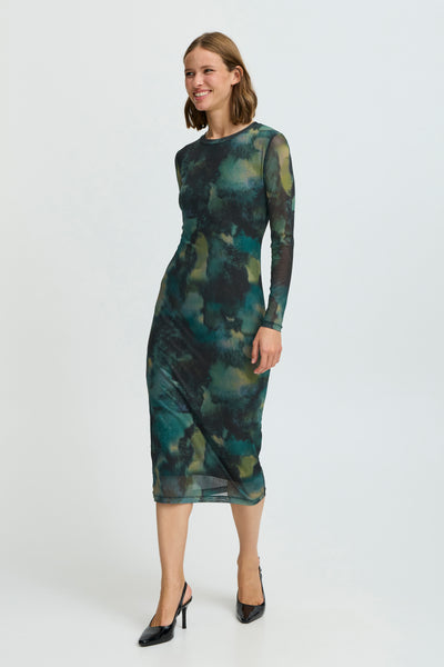 B Young Bypaloma fitted mesh dress in green print 