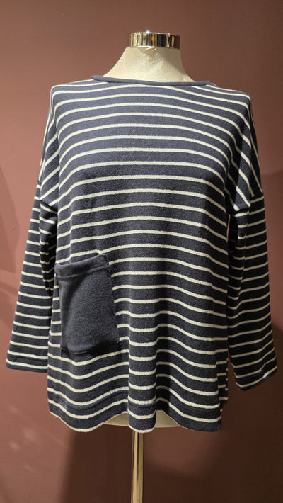 Mama B Buccia - boxy shape top, short with patch pocket. Softest signature fleece by this Italian brand. Navy / grey striped