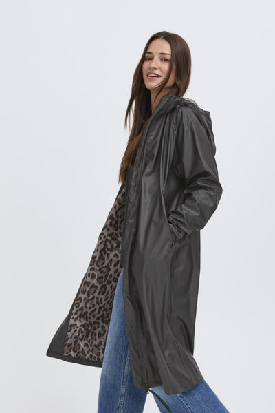 BCAvan Black Raincoat with leopard lining 
Waterproof, below knee, zip pockets, hood.
