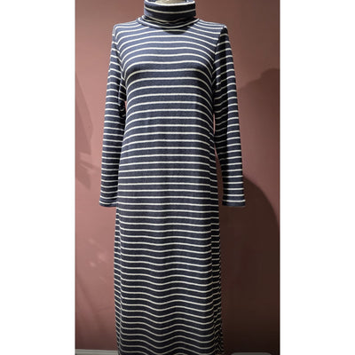 Mama B Tosca Dress in signature soft fleece by Italian brand. Split at sides, A lime shape, navy /grey stripes.