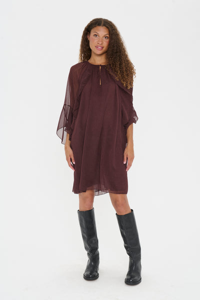 Floaty above the knee dress with 3/4 wide sleeves in chocolate brown 