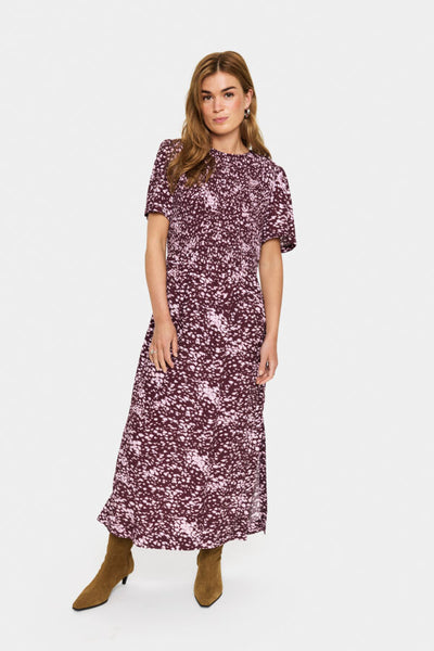 Short sleeved midi dress in burgundy and pink print this Maliki dress from Saint Tropez is good for transitioning into Autumn