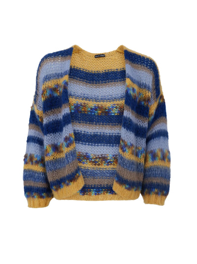 Open cardigan in multi stripes of blues and mustard in soft mohair blend knit. Lightweight and warm ideal with denims or dresses