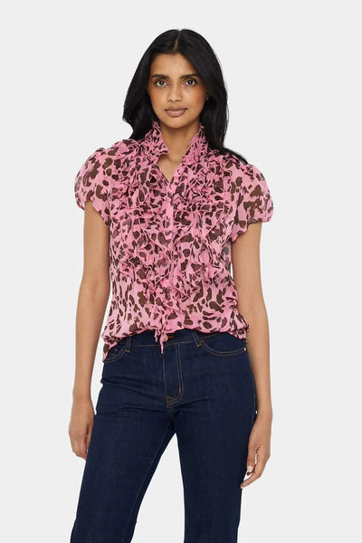 Saint Tropez Lilja shirt in pink leopard print design with front frill and short sleeve 