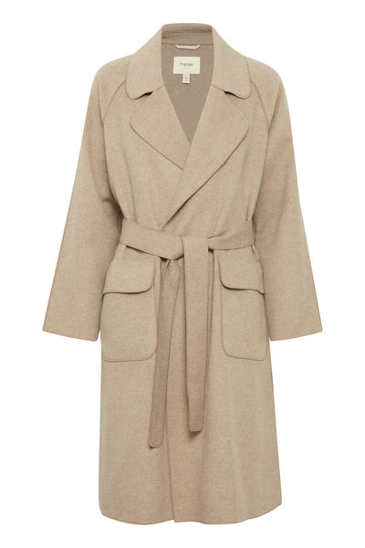 Fransa FRMadalina Coat, classic wrap coat, tie belt, patch pockets on front in beige. Over the knee length. 