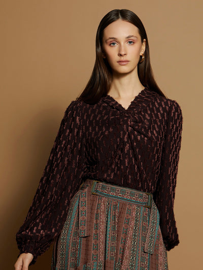 Meisie textured blouse with knit detail at front and full sleeves